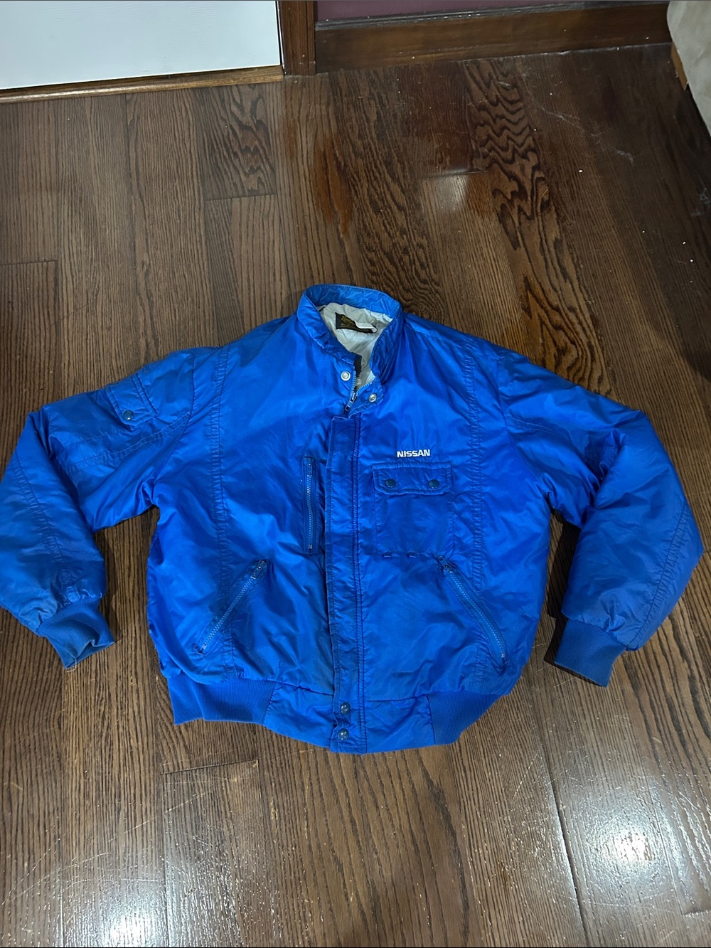 Vtg Swingster Nissan Men's Electric Blue racing Formula bomber nylon jacket L